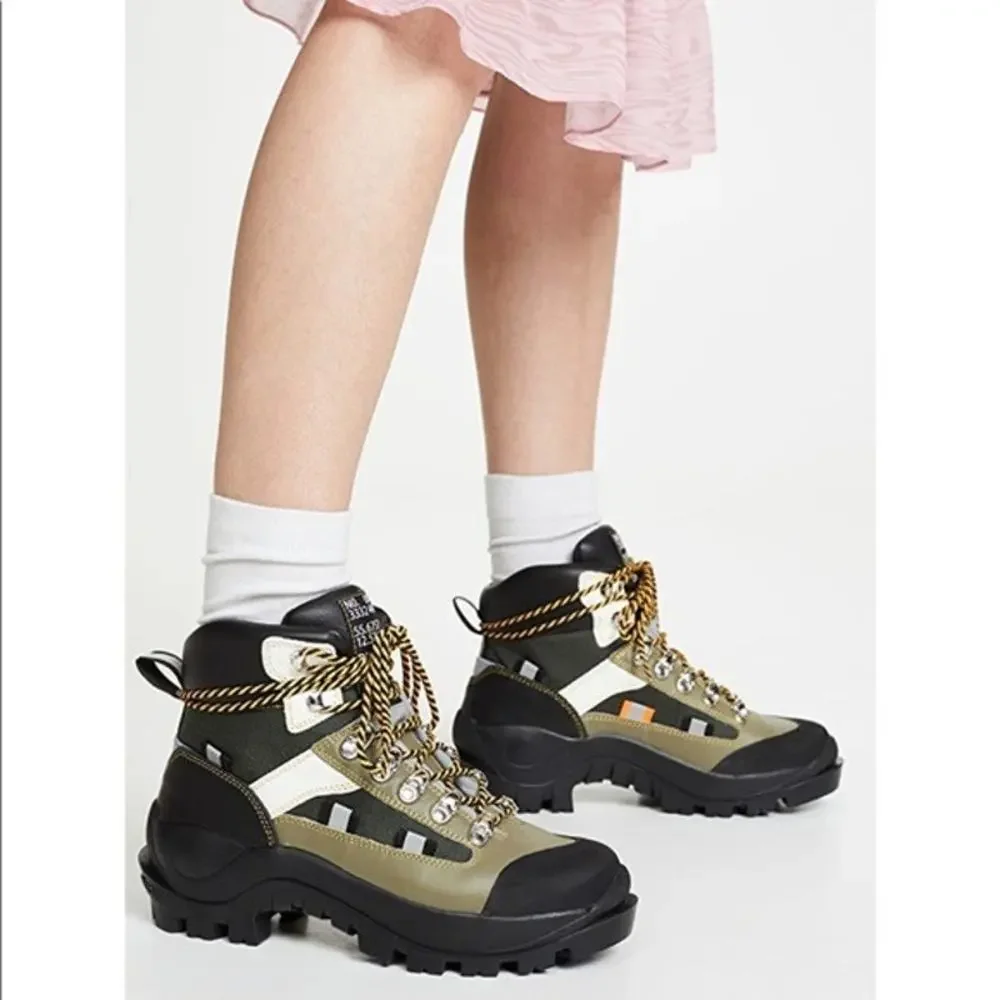 Ganni Green Leather Colorblock Bruna Trekking Hiking Boots Size 7 - Picture 2 of 10